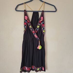 Boohoo Black Embroidered Boho Indie Mini Dress Small Tassel Halter Festival